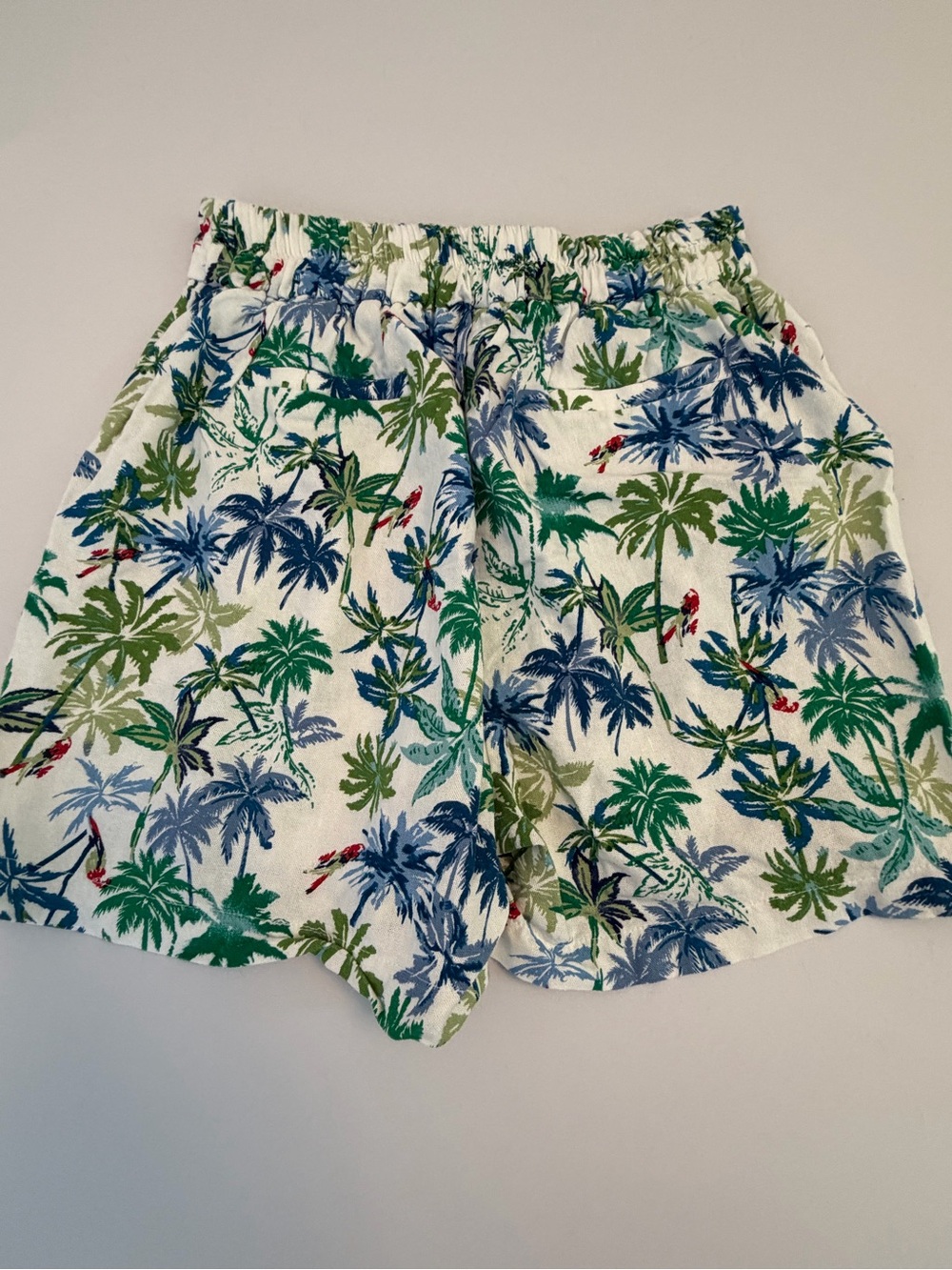 Monteau White Palm Print Linen Blend Women’s Shorts with Green & Blue Size Small - Picture 2 of 7